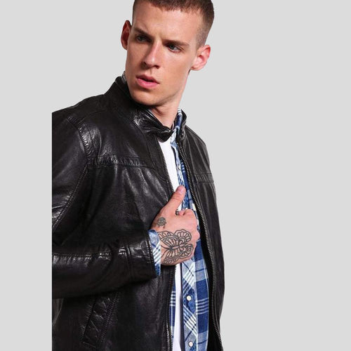 Chaqueta Racer de Cuero Negra Ajustada para Hombre Ferd | Ropa de Piel Plena Flor