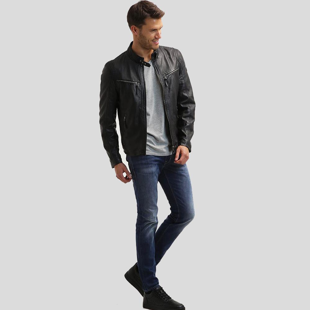 Chaqueta Racer Jose de Cuero Negro para Hombre | Prendas de Piel Plena Flor