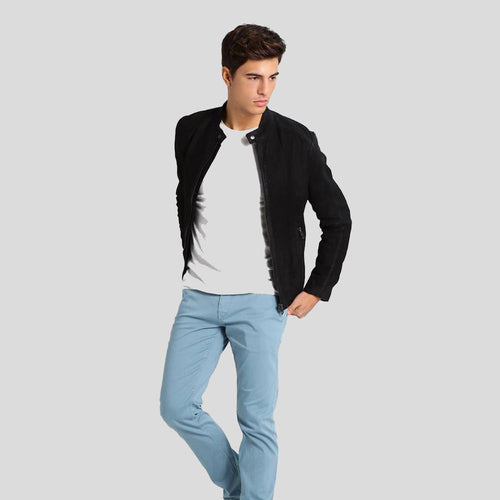 Chaqueta racer de ante negro Rey para hombre | Vestuario de piel plena flor