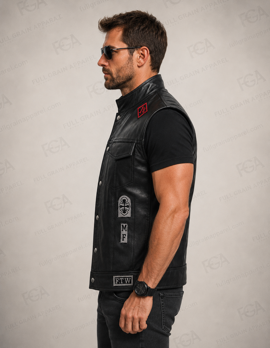 Men’s black leather riding vest side view with stand collar