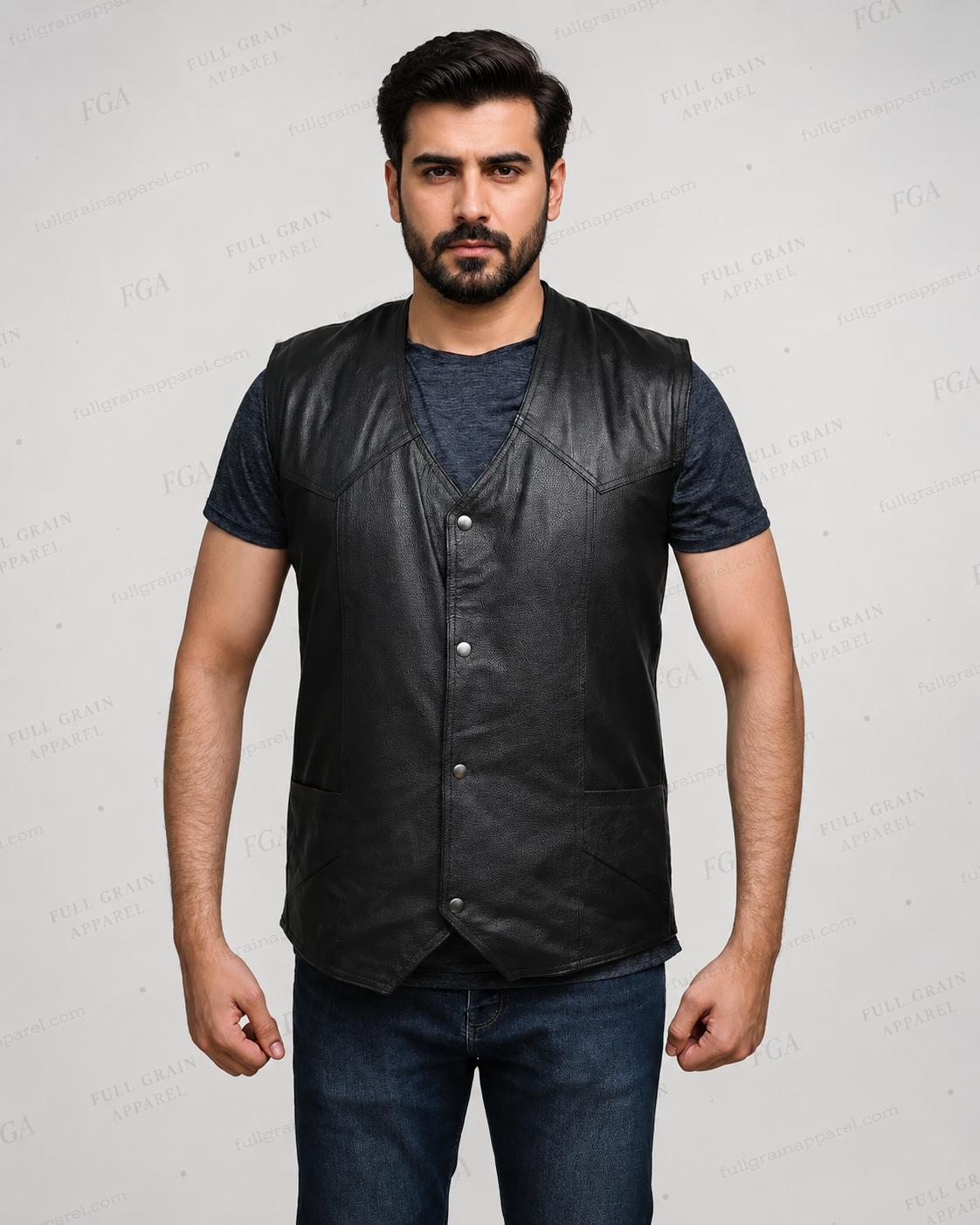 Men’s black leather vest front view with V neck and pockets