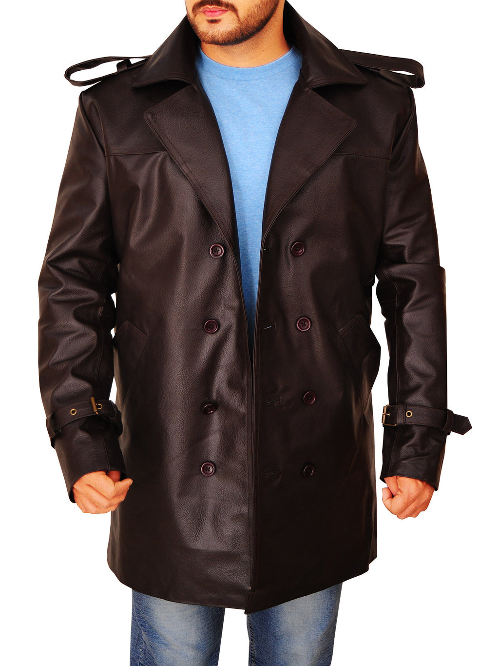 Men’s Brown Leather Peacoat | Classic Double-Breasted Style | Full Grain Apparel
