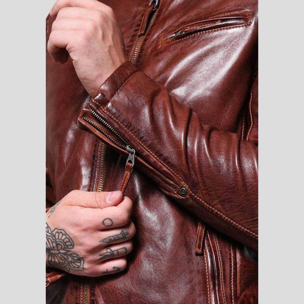 Chaqueta Racer de cuero marrón Fred para hombre | Prenda de piel de plena flor