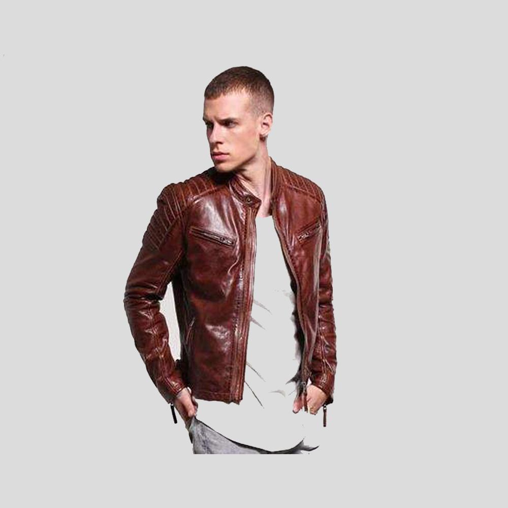 Chaqueta Racer de cuero marrón Fred para hombre | Prenda de piel de plena flor