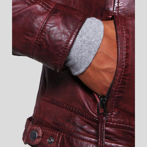 Chaqueta de motociclista Timo de cuero burdeos para hombre | Ropa de piel plena flor