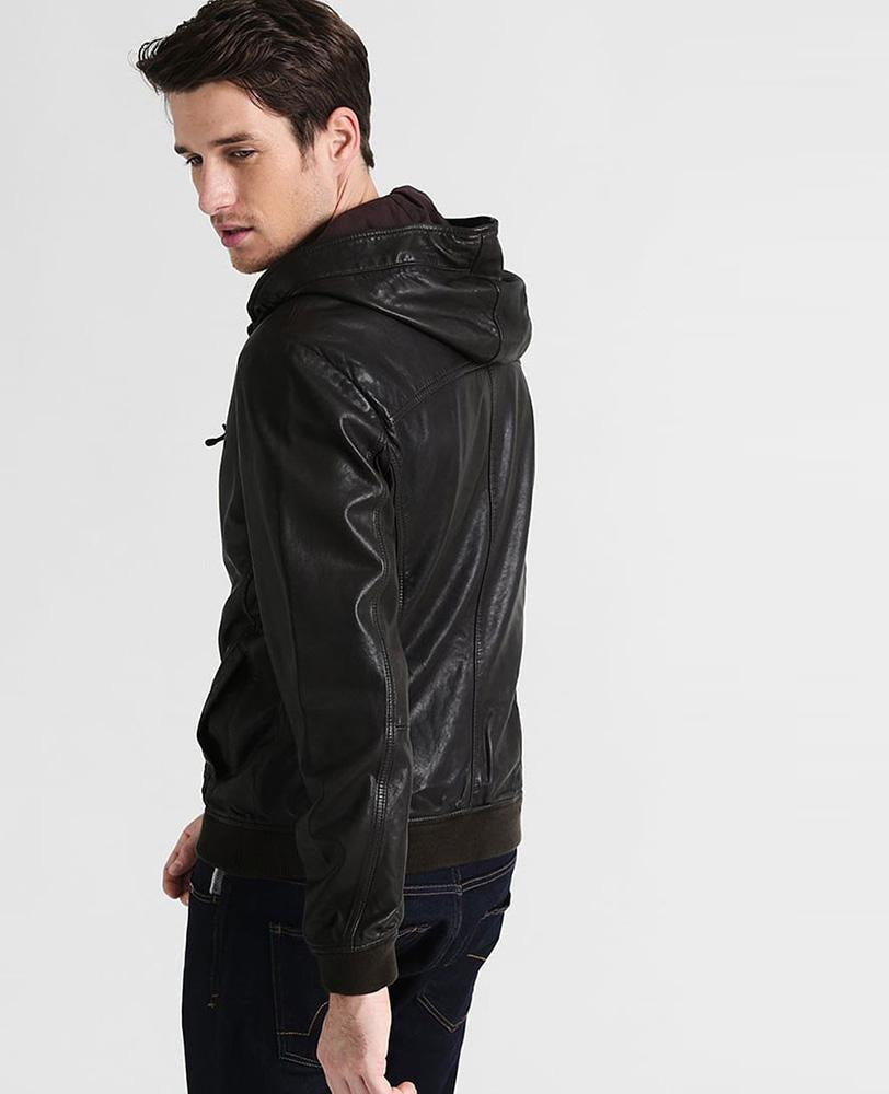 Chaqueta de cuero genuino negra con capucha Chet para hombre | Estilo urbano | Prenda de piel de plena flor