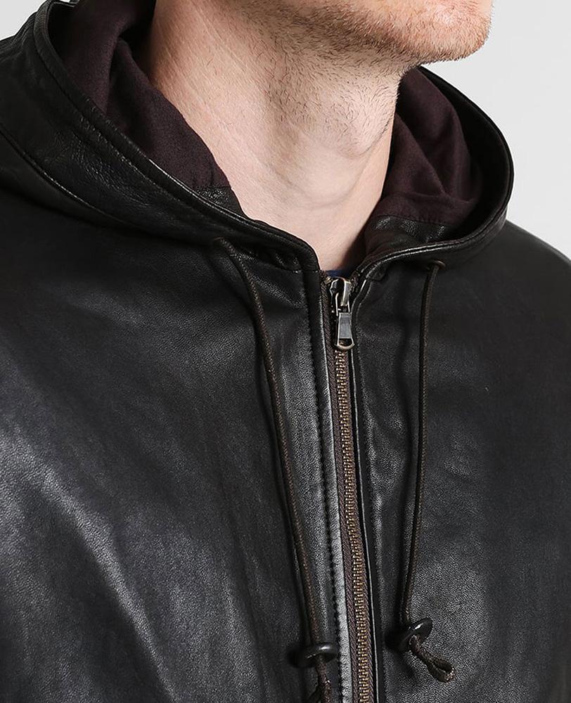 Chaqueta de cuero genuino negra con capucha Chet para hombre | Estilo urbano | Prenda de piel de plena flor