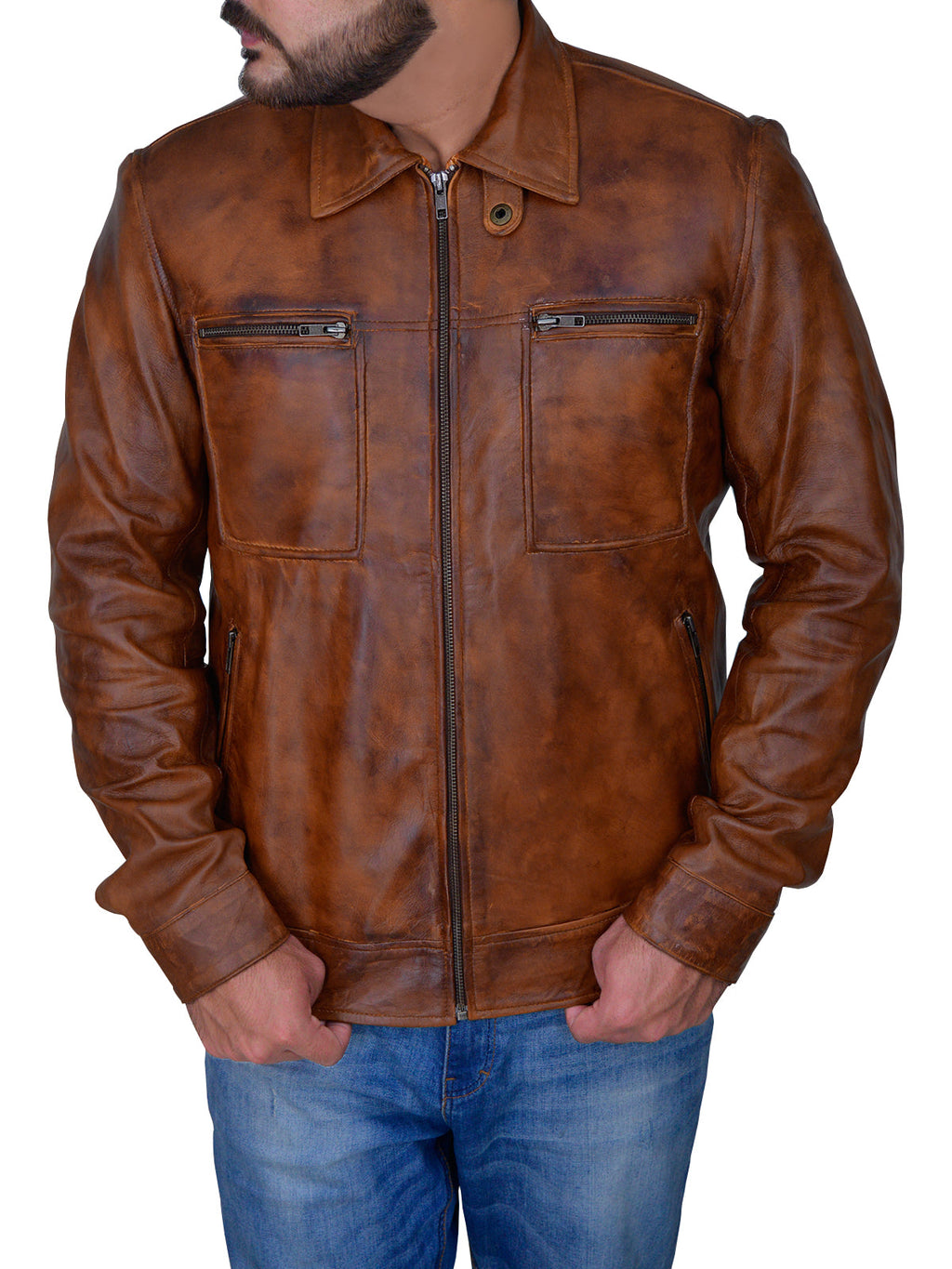 Chaqueta de cuero marrón envejecido para hombre | Estilo vintage robusto y clásico | Prenda de piel de plena flor