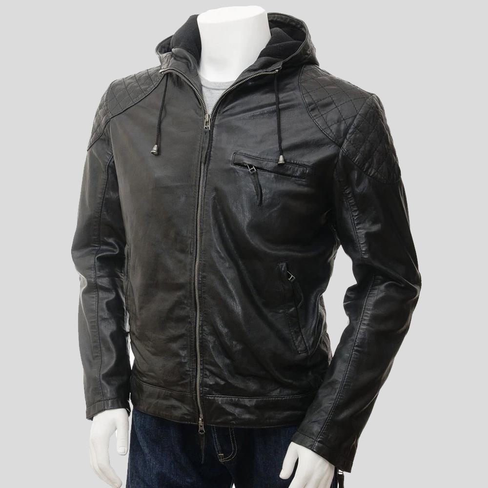Men's Franc Black Hooded Leather Jacket | Full Grain Apparel