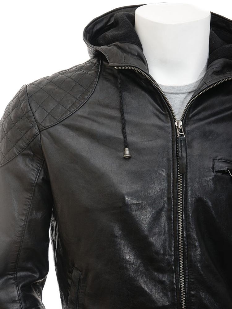 Chaqueta de cuero con capucha Franc negra para hombre | Prenda de cuero plena flor