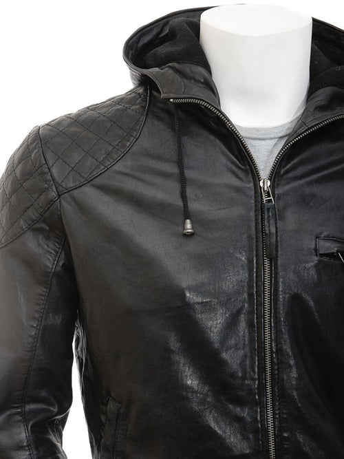 Chaqueta de cuero con capucha Franc negra para hombre | Prenda de cuero plena flor