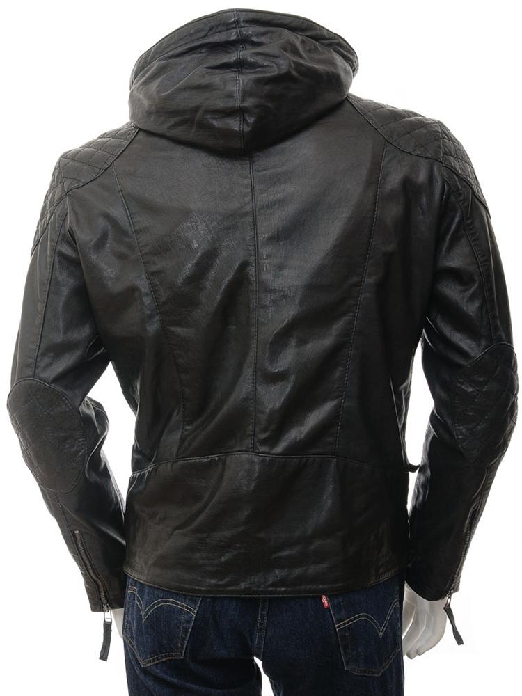 Chaqueta de cuero con capucha Franc negra para hombre | Prenda de cuero plena flor
