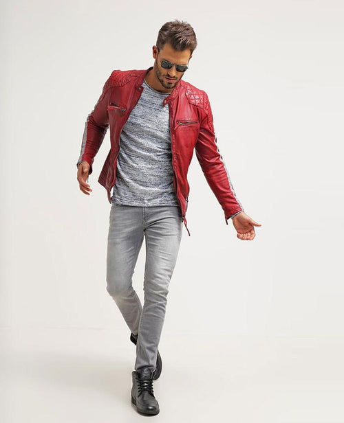 Chaqueta de cuero acolchada roja Hank para hombre | Ropa de piel plena flor