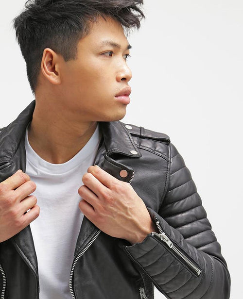 Chaqueta de cuero acolchada negra Harl para hombre | Prendas de piel plena flor