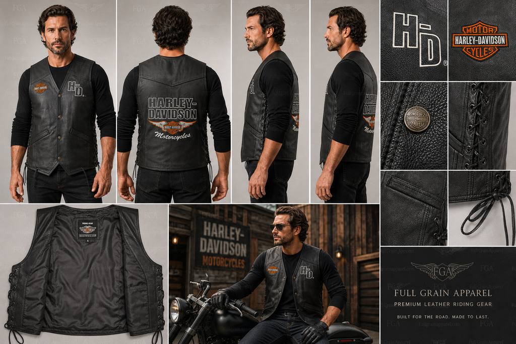 Men’s Harley-Davidson leather vest front back side lining and lace-up details