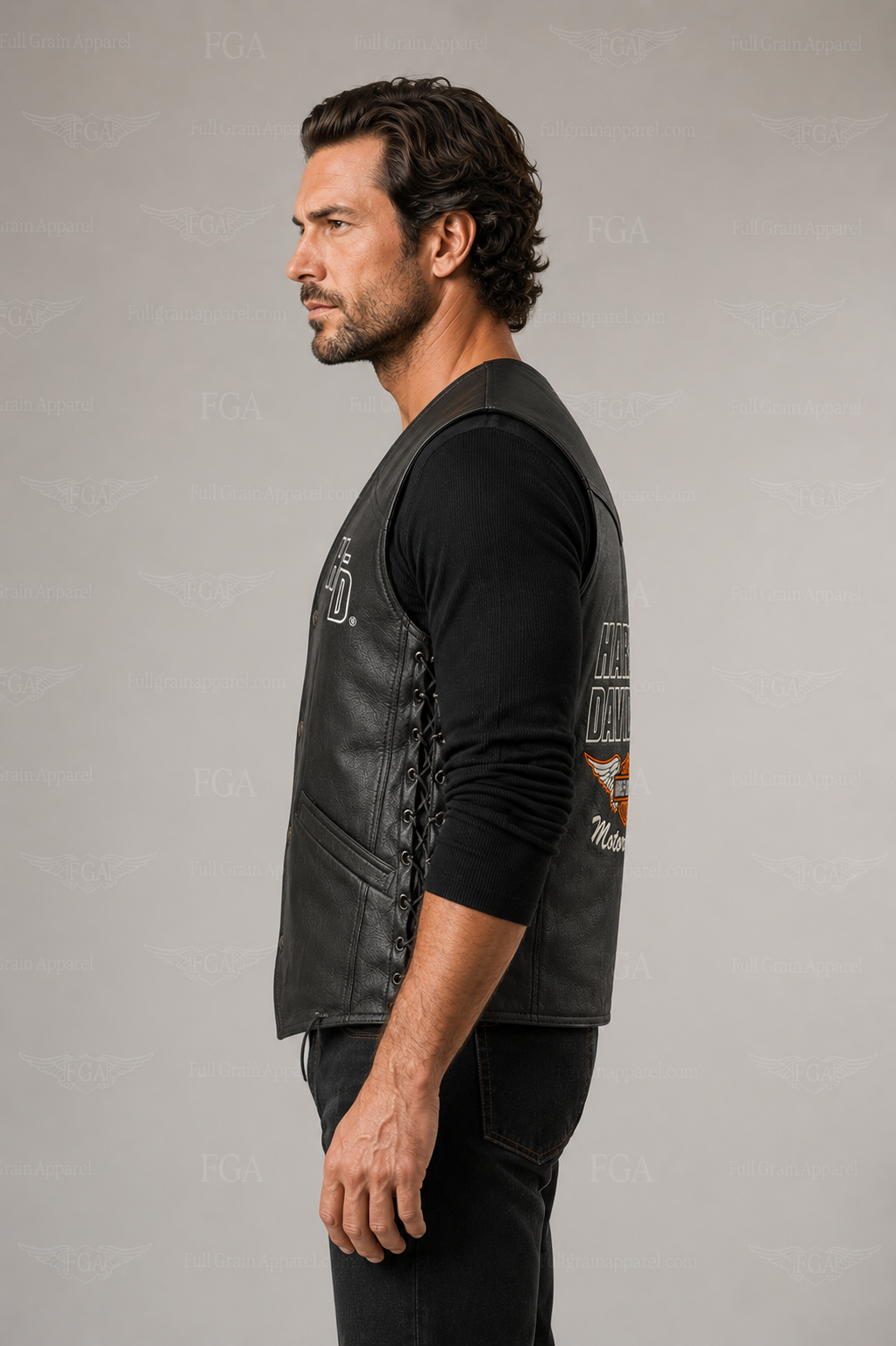 Men’s Harley leather vest side view with adjustable lace-up panel