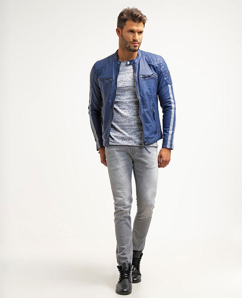 Chaqueta Ivor de cuero acolchado azul para hombre | Prendas de grano completo