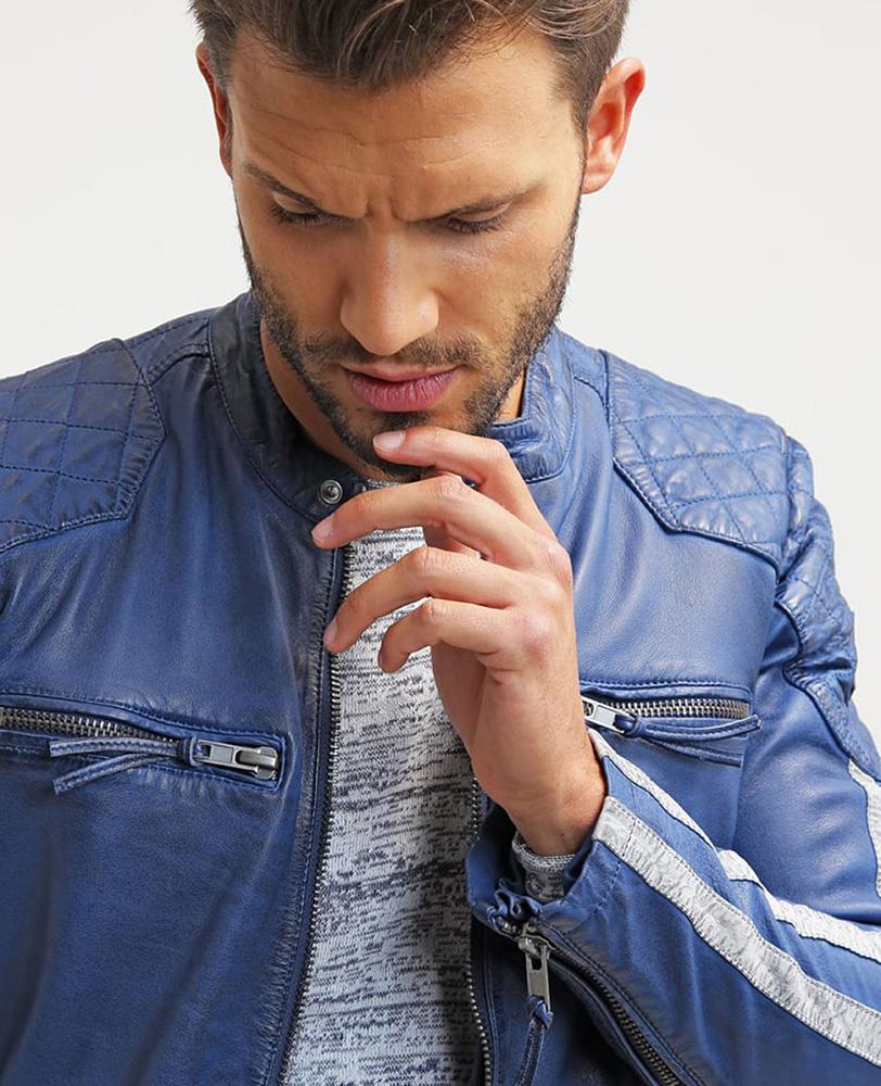 Chaqueta Ivor de cuero acolchado azul para hombre | Prendas de grano completo