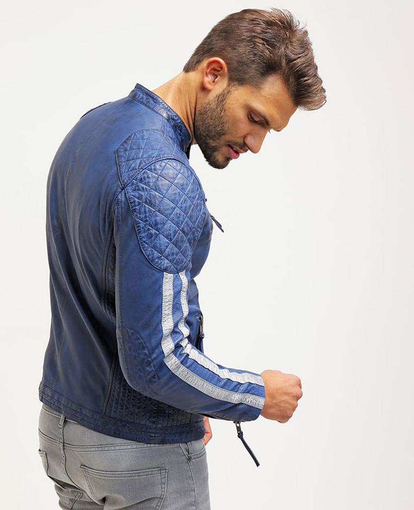 Chaqueta Ivor de cuero acolchado azul para hombre | Prendas de grano completo