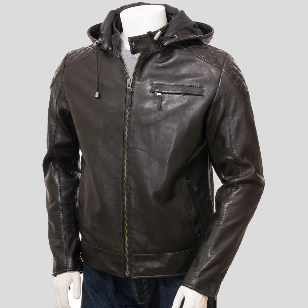 Men's Jami Black Hooded Leather Jacket | Genuine Lambskin | Full Grain Apparel