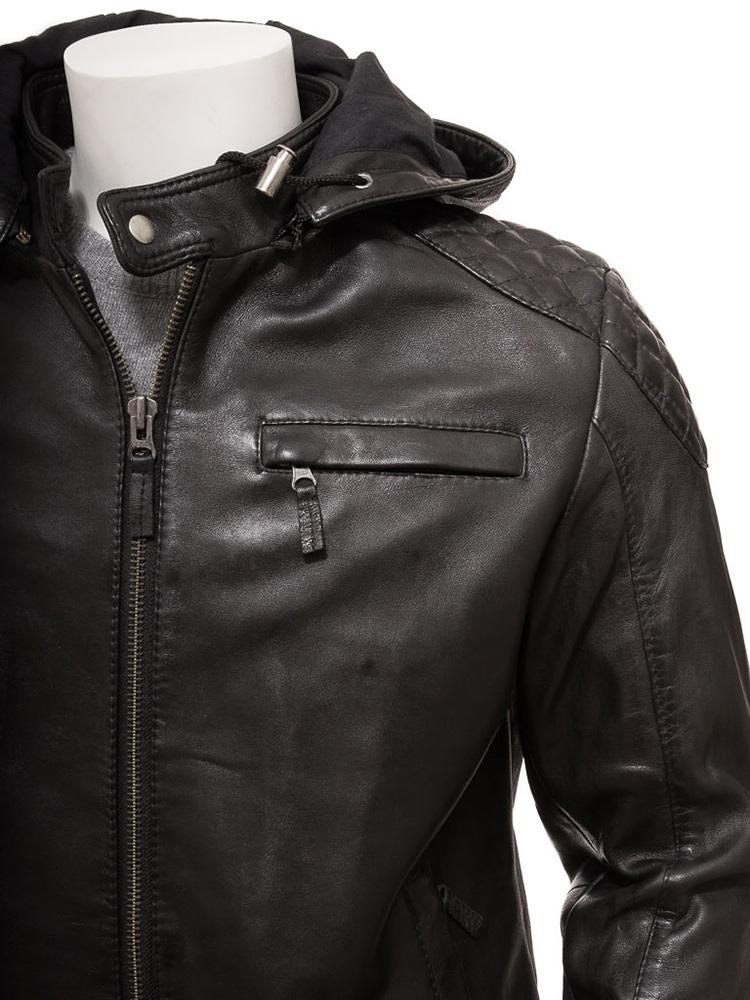 Chaqueta de cuero con capucha Jami negra para hombre | Piel de cordero auténtica | Prenda de grano completo