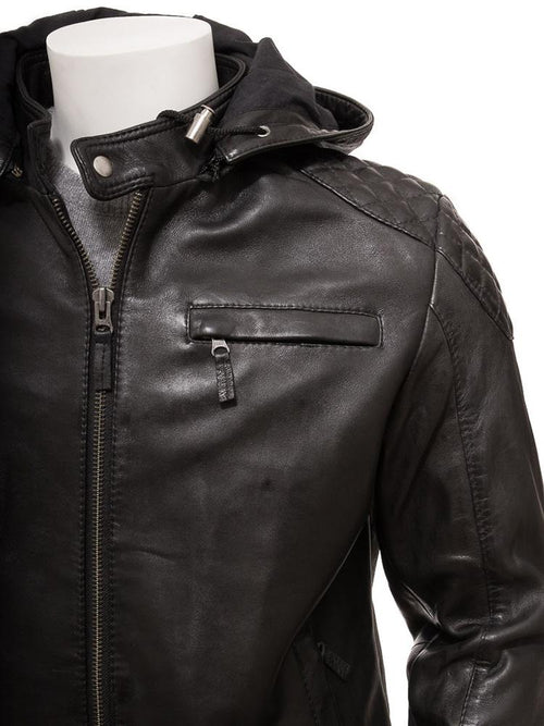 Chaqueta de cuero con capucha Jami negra para hombre | Piel de cordero auténtica | Prenda de grano completo