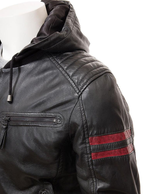 Chaqueta de cuero con capucha negra Jed para hombre | Vestuario de piel plena flor