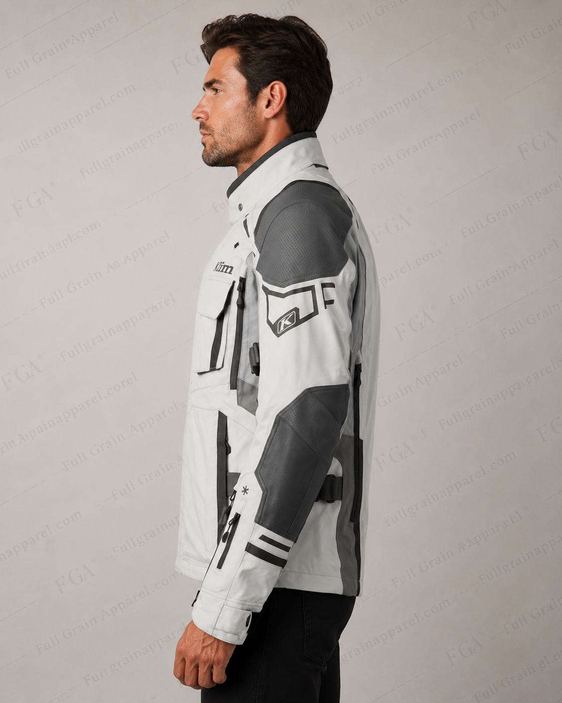 Men's KLIM adventure jacket side view with waist and arm adjustment straps