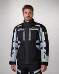 Men's KLIM adventure touring motorcycle jacket front view in black and grey