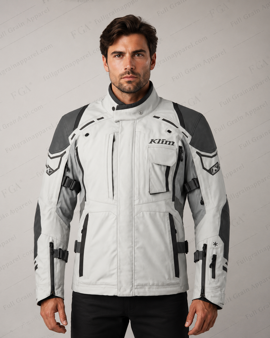 Men's KLIM white and grey adventure motorcycle jacket front view