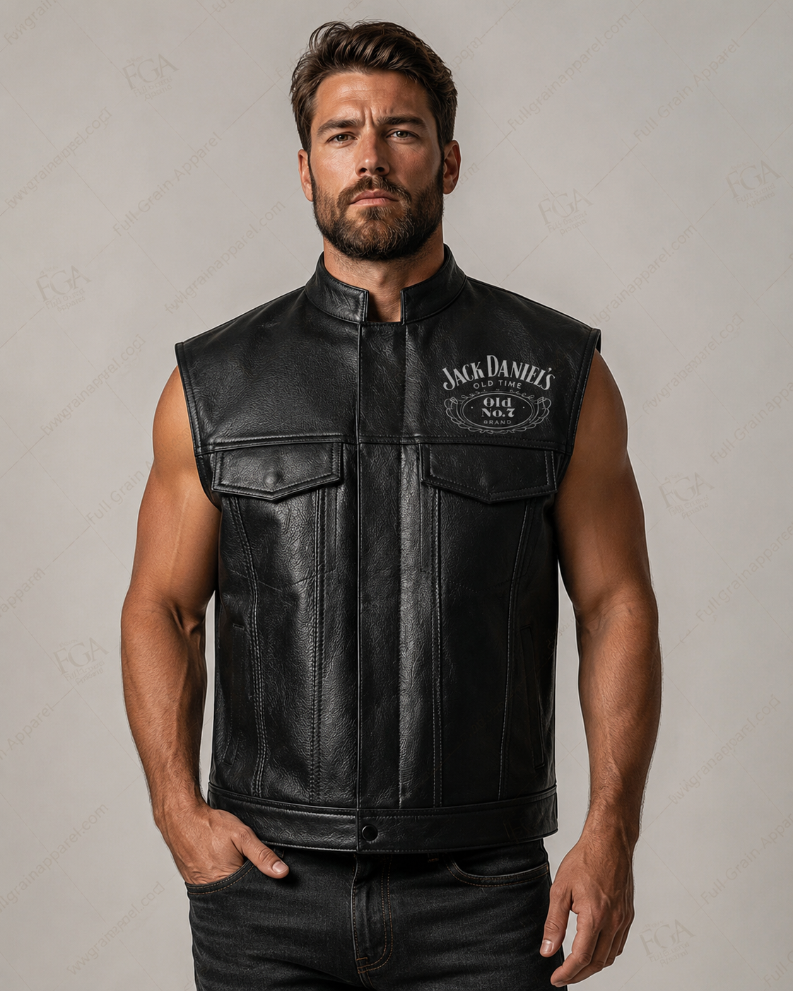 Men’s leather biker vest front view with snap pockets