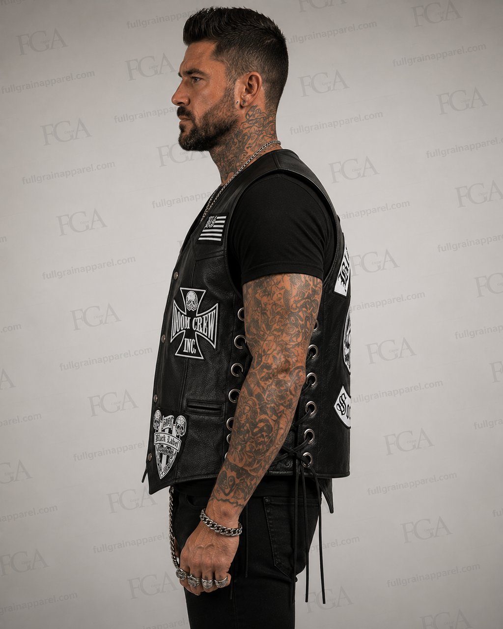 Men’s leather motorcycle cut side view with lace-up adjustment