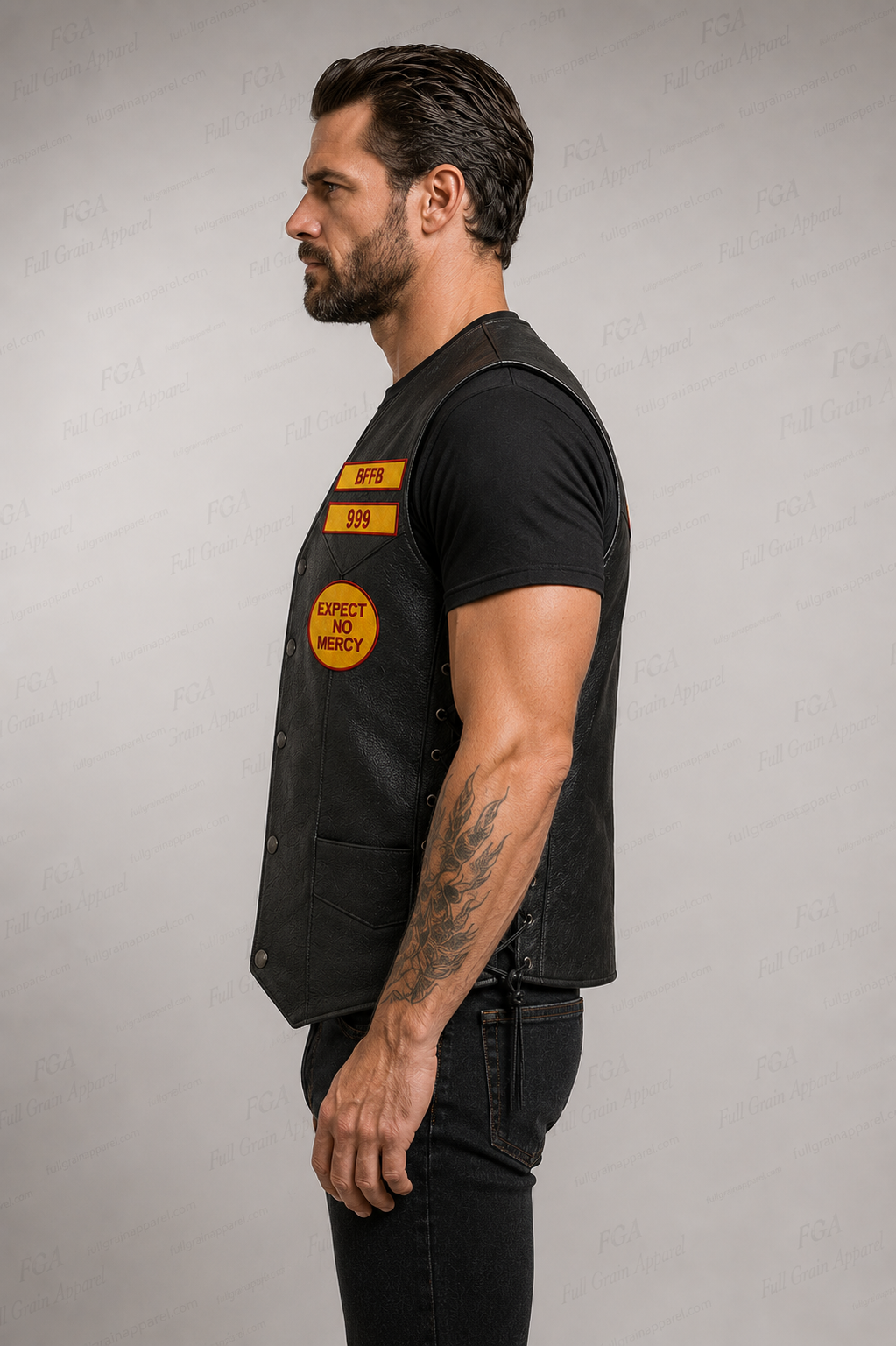 Men’s leather motorcycle cut side view with lace-up adjustment