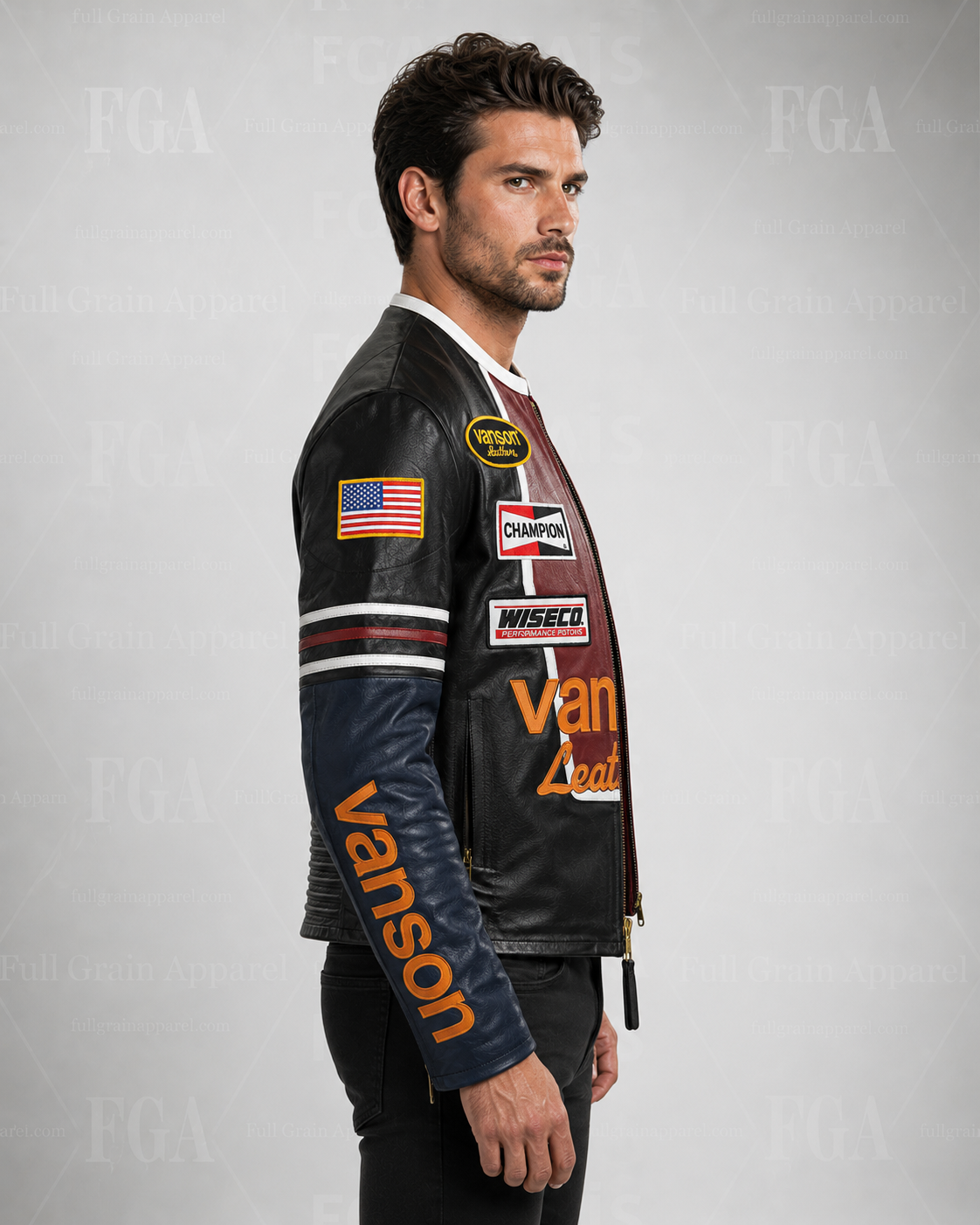 Men's leather racing jacket side view with blue sleeve and patches