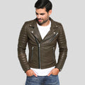 Men's Mac Army Green Quilted Leather Jacket | Mandarin Collar | Full Grain Apparel