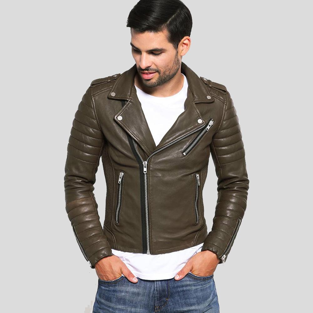 Men's Mac Army Green Quilted Leather Jacket | Mandarin Collar | Full Grain Apparel