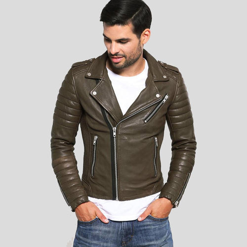 Men's Mac Army Green Quilted Leather Jacket | Mandarin Collar | Full Grain Apparel