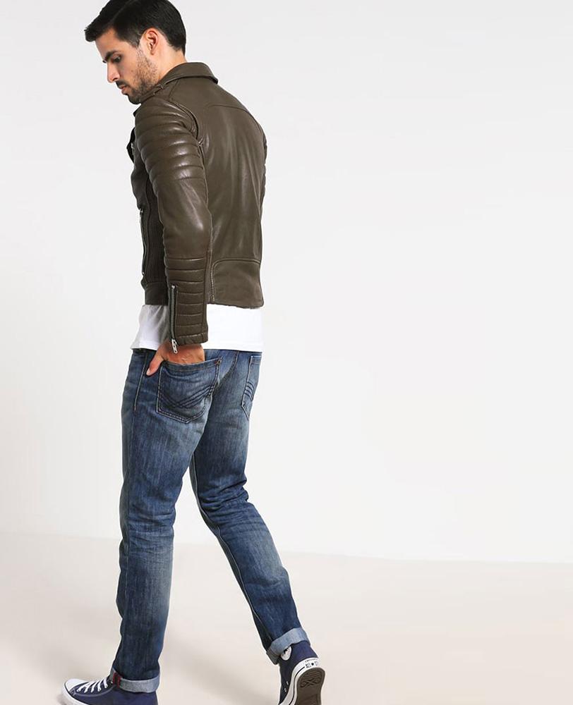 Men's Mac Army Green Quilted Leather Jacket | Mandarin Collar | Full Grain Apparel