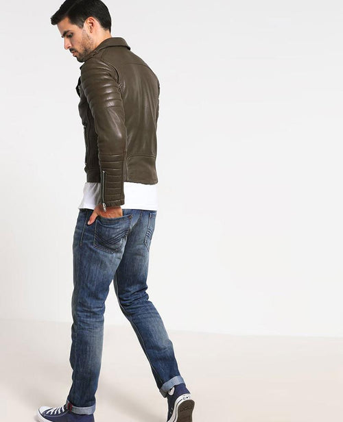Chaqueta Mac acolchada de cuero verde militar para hombre | Cuello mao | Confección de plena flor