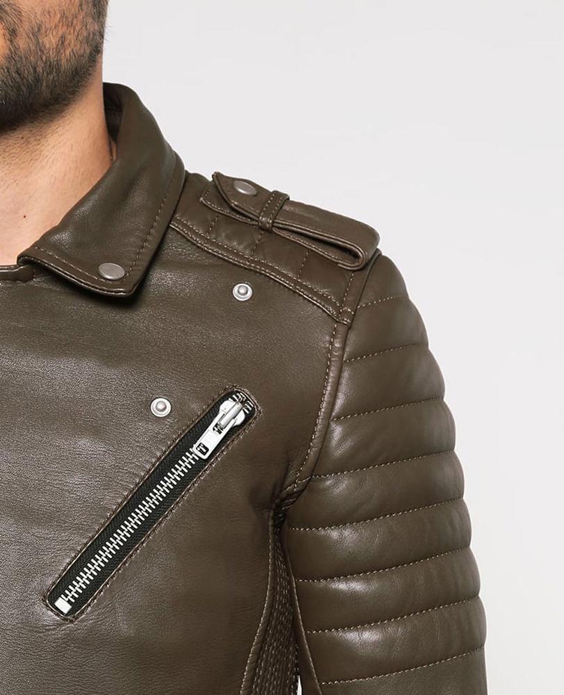 Men's Mac Army Green Quilted Leather Jacket | Mandarin Collar | Full Grain Apparel