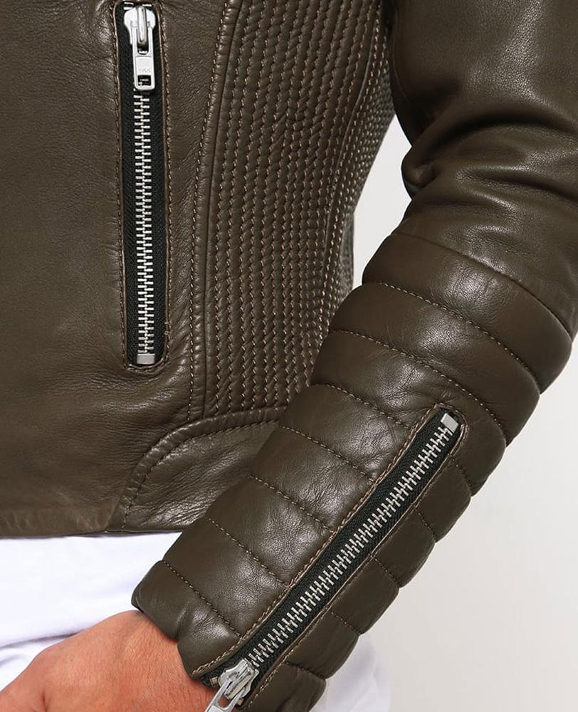 Men's Mac Army Green Quilted Leather Jacket | Mandarin Collar | Full Grain Apparel