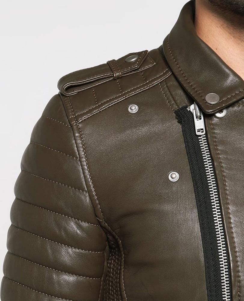 Men's Mac Army Green Quilted Leather Jacket | Mandarin Collar | Full Grain Apparel