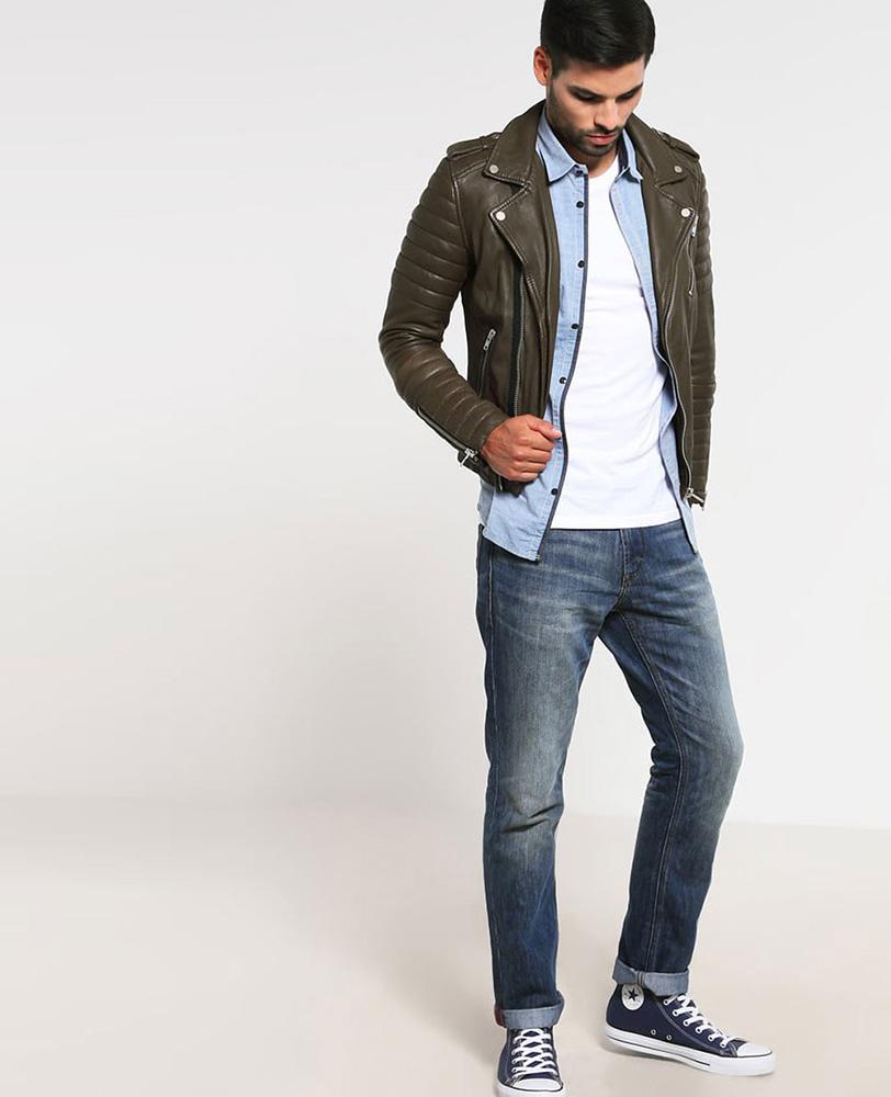 Men's Mac Army Green Quilted Leather Jacket | Mandarin Collar | Full Grain Apparel