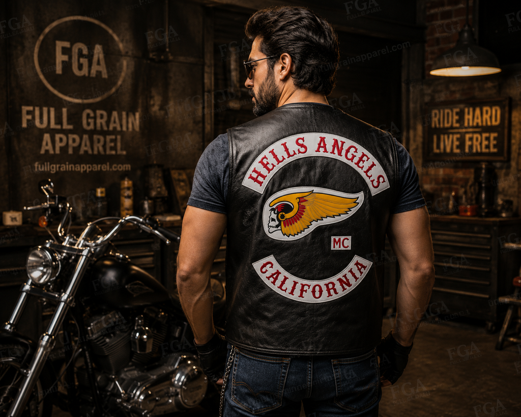 Men’s motorcycle leather vest back view with Hells Angels California patches