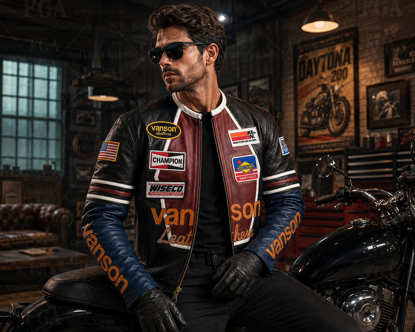Men's leather motorcycle racing jacket beside a black motorcycle