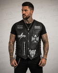 Men’s patched black leather biker vest front view