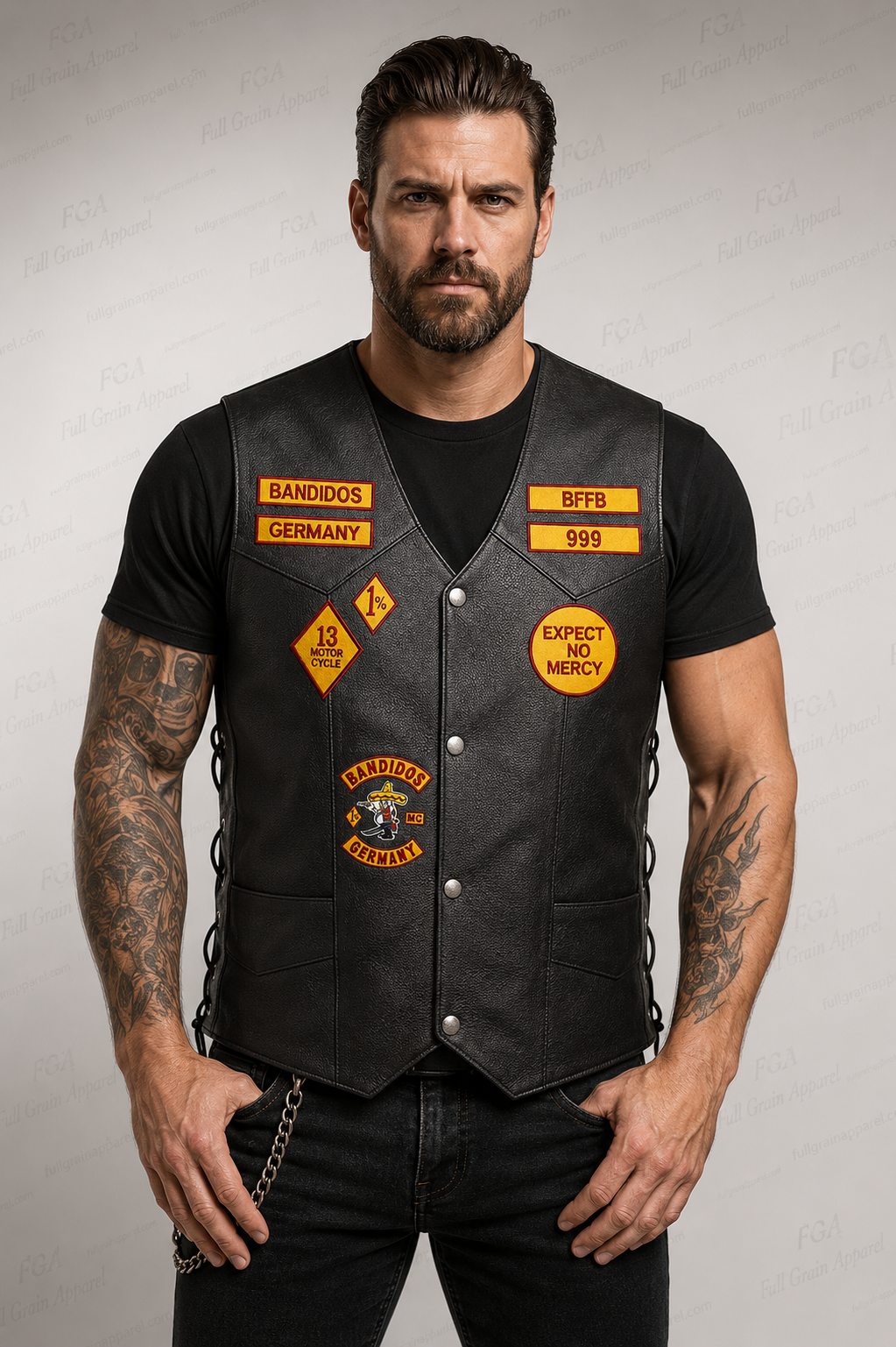 Men’s patched black leather biker vest front view