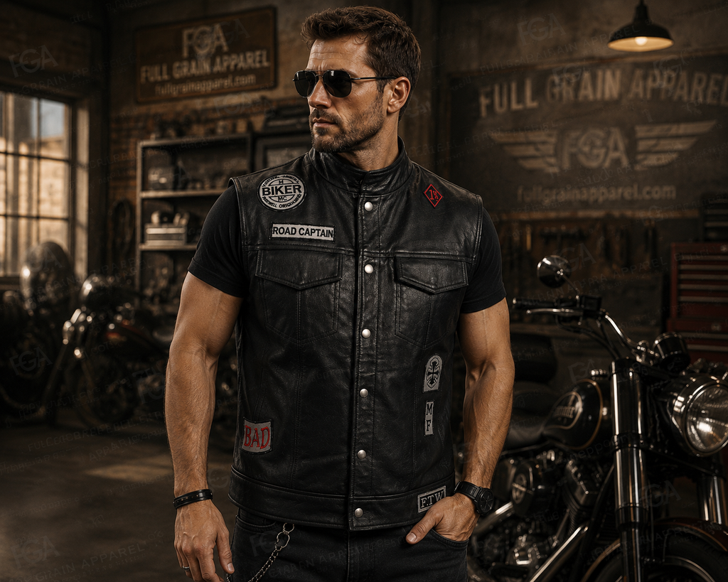 Men’s patched black leather motorcycle vest in a biker workshop