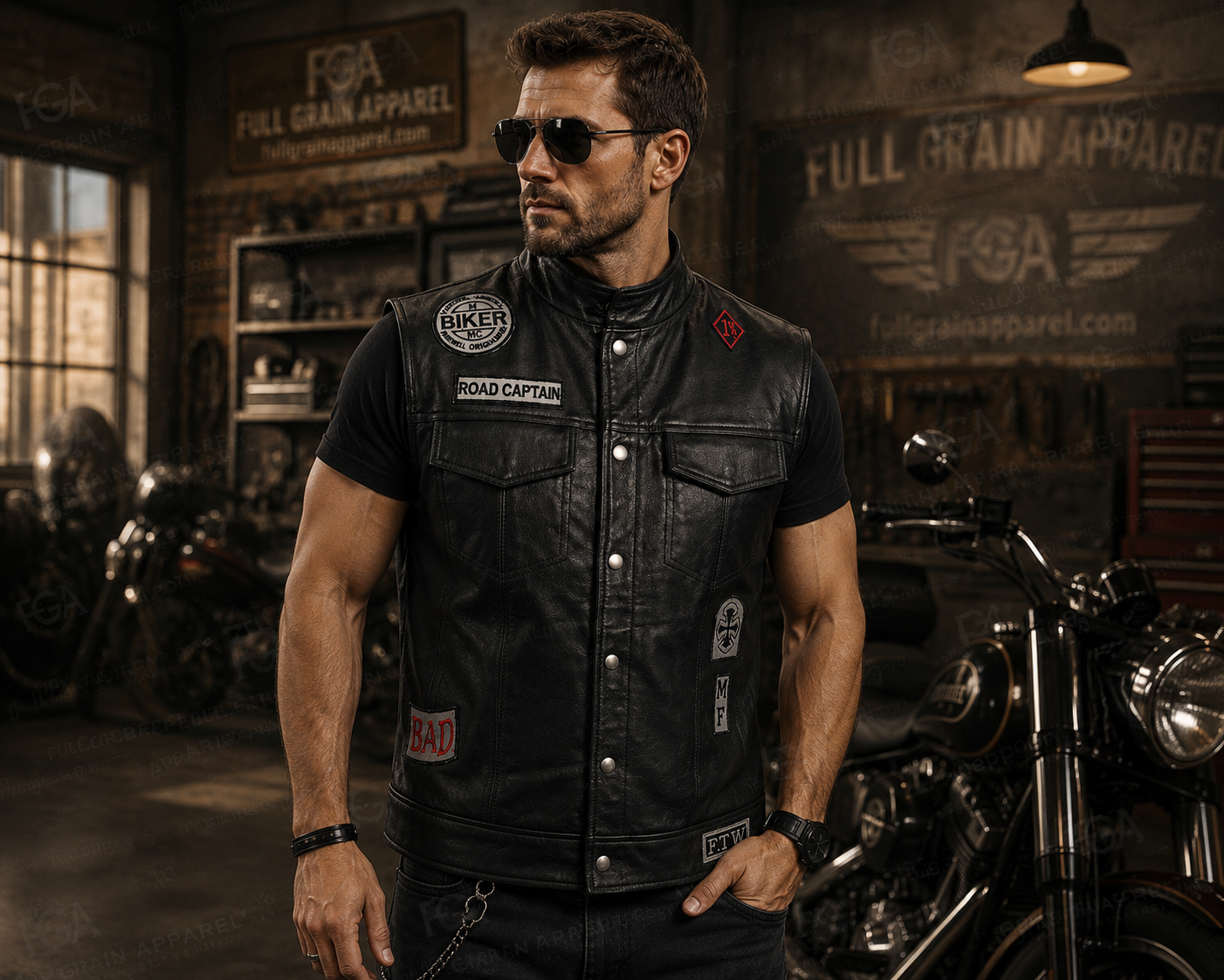 Men’s patched black leather motorcycle vest in a biker workshop