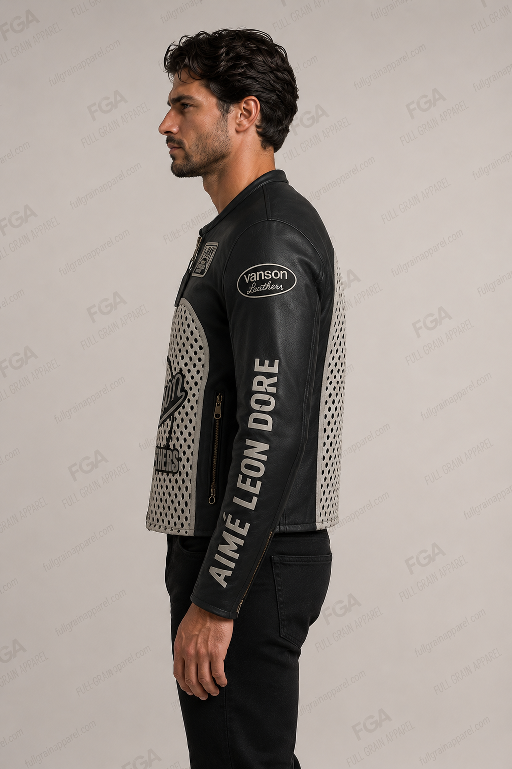 Men's perforated leather motorcycle jacket side view with sleeve lettering